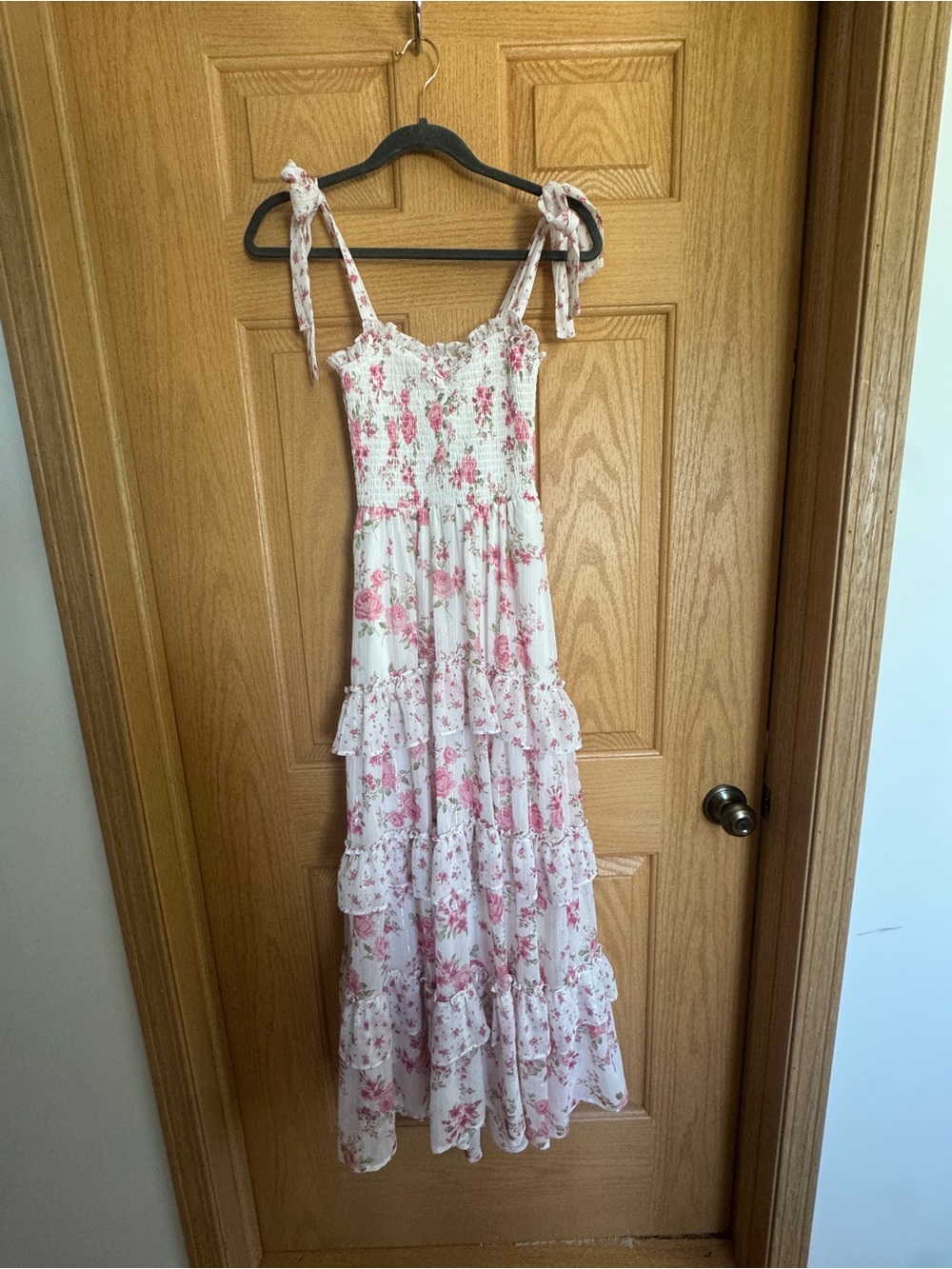 Altar'd State White and Pink Floral Tie-Shoulder Smocked Maxi Dress